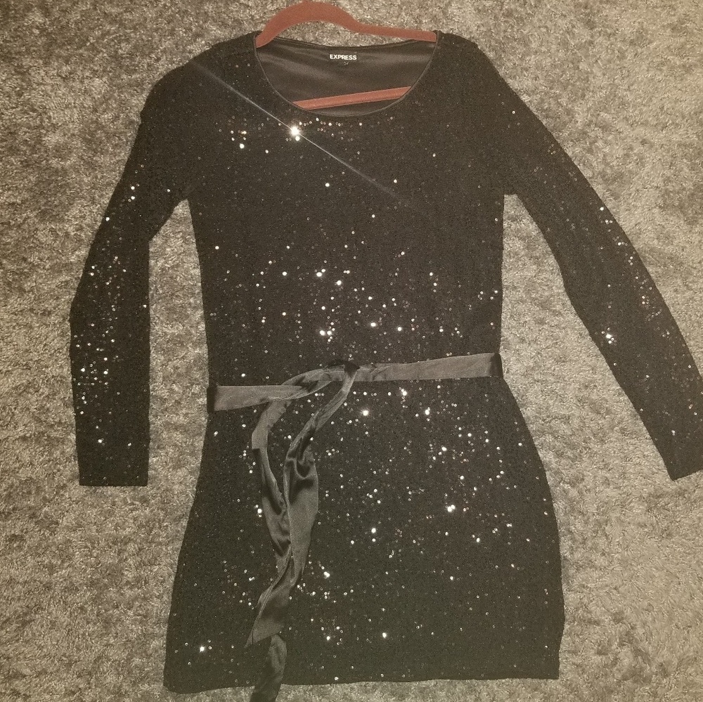 Black sequined shift dresses with silk belt